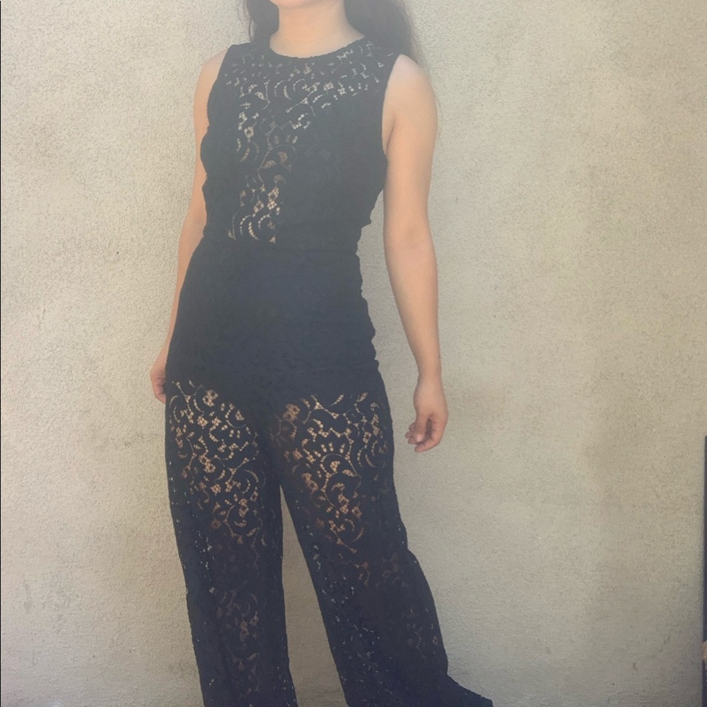 ANGL Black Sheer Lace Jumpsuit Romper Wide Leg